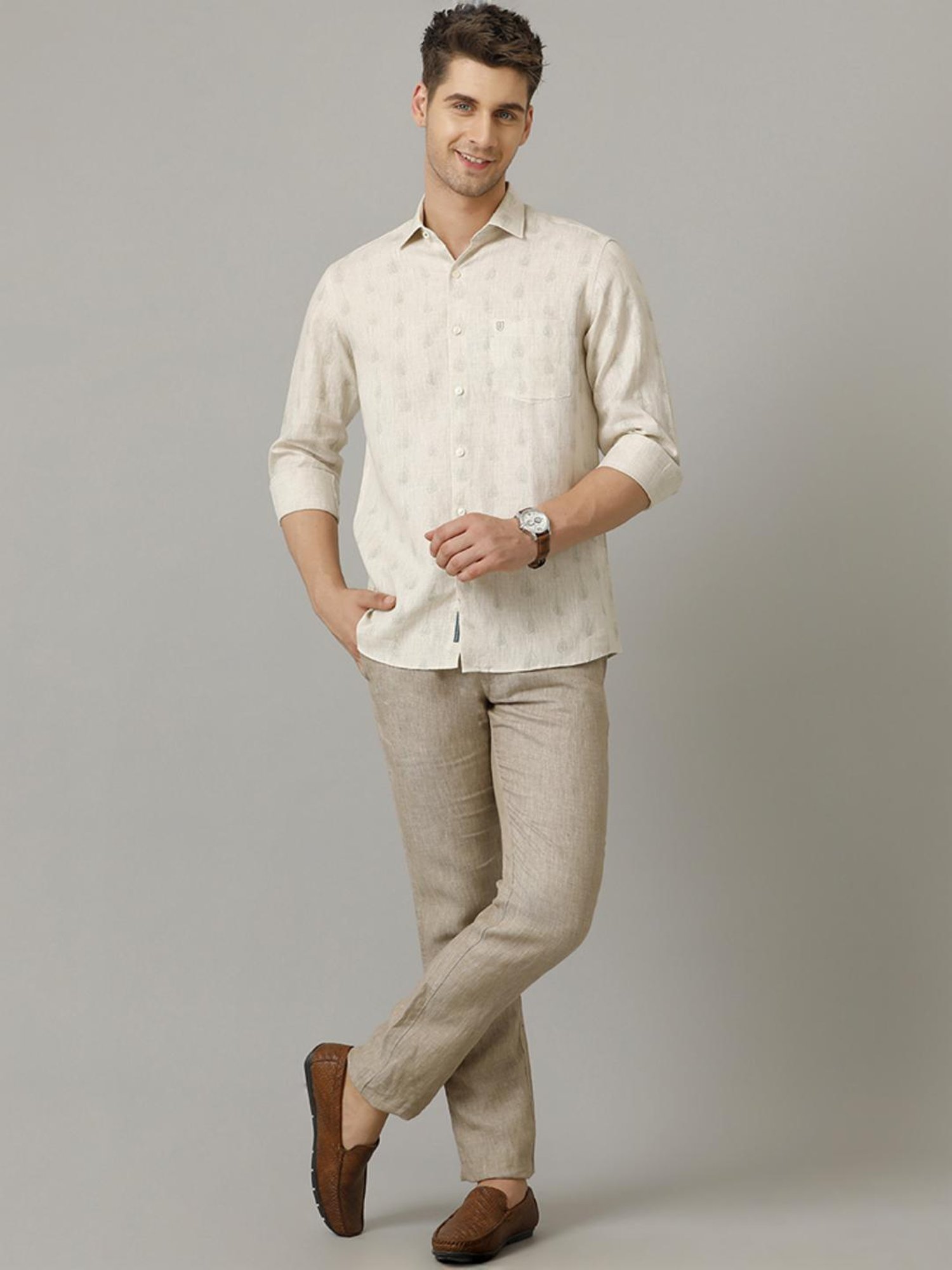 Linen Club Beige Linen Contemporary Fit Printed Shirt