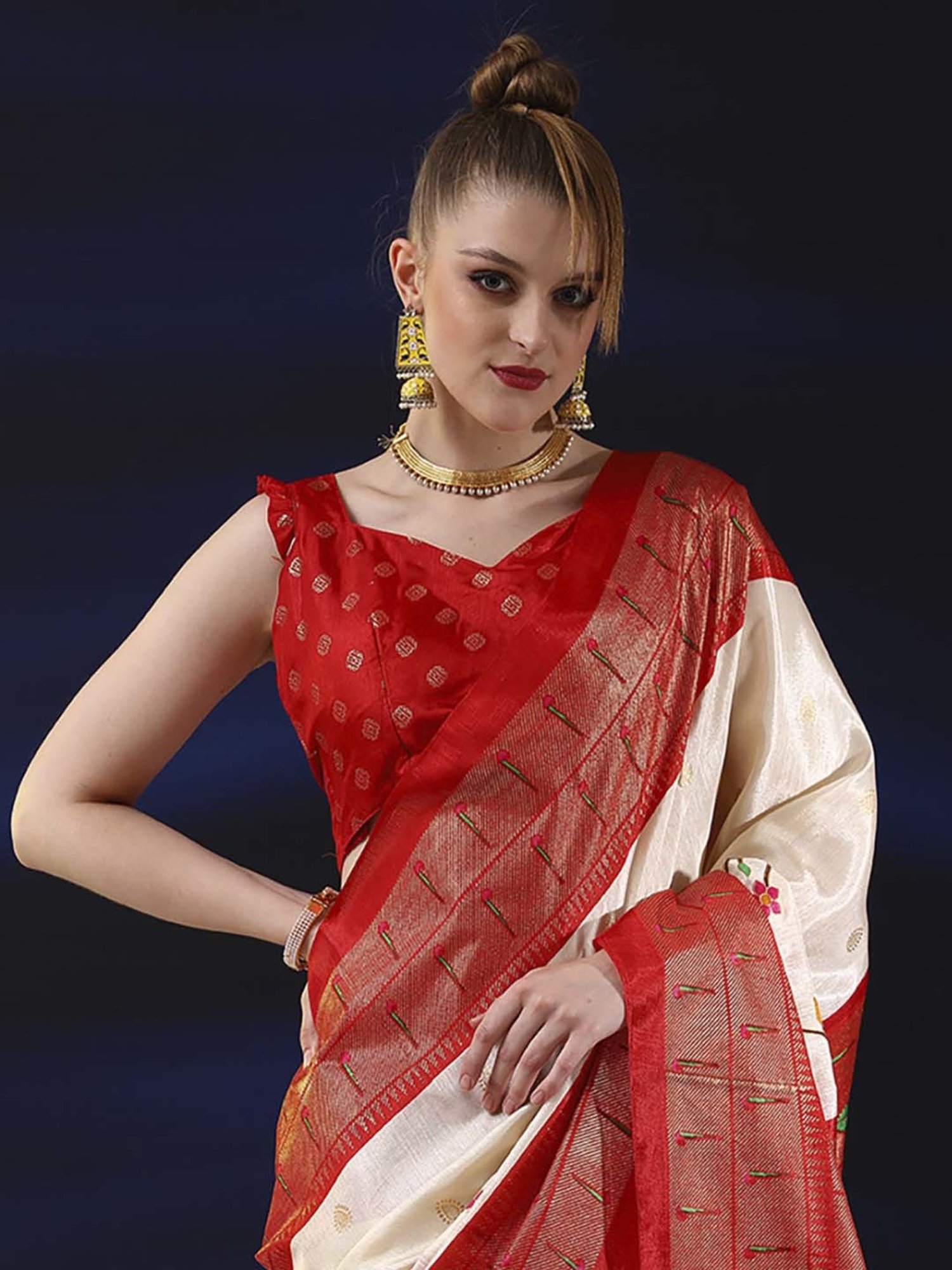 Saree Mall Beige & Red Silk Printed Saree With Unstitched Blouse