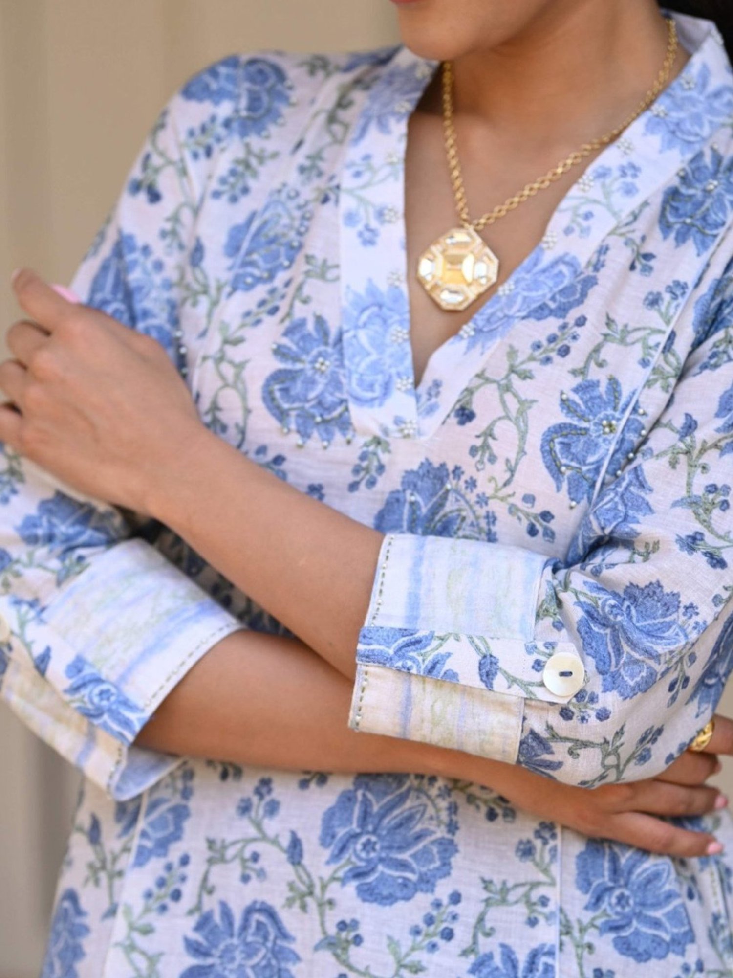 Mahee Jaipur Blue Floral Linen Kurta With Pant