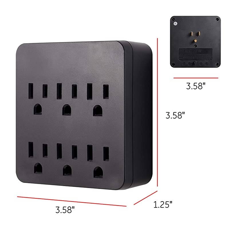 Pro 6Outlet SurProtector 2 Pack 3Prong Wall Adapter Charging Station 1020 Joules Protection Rating Automatic Shutdown Sleek Design Black 50053