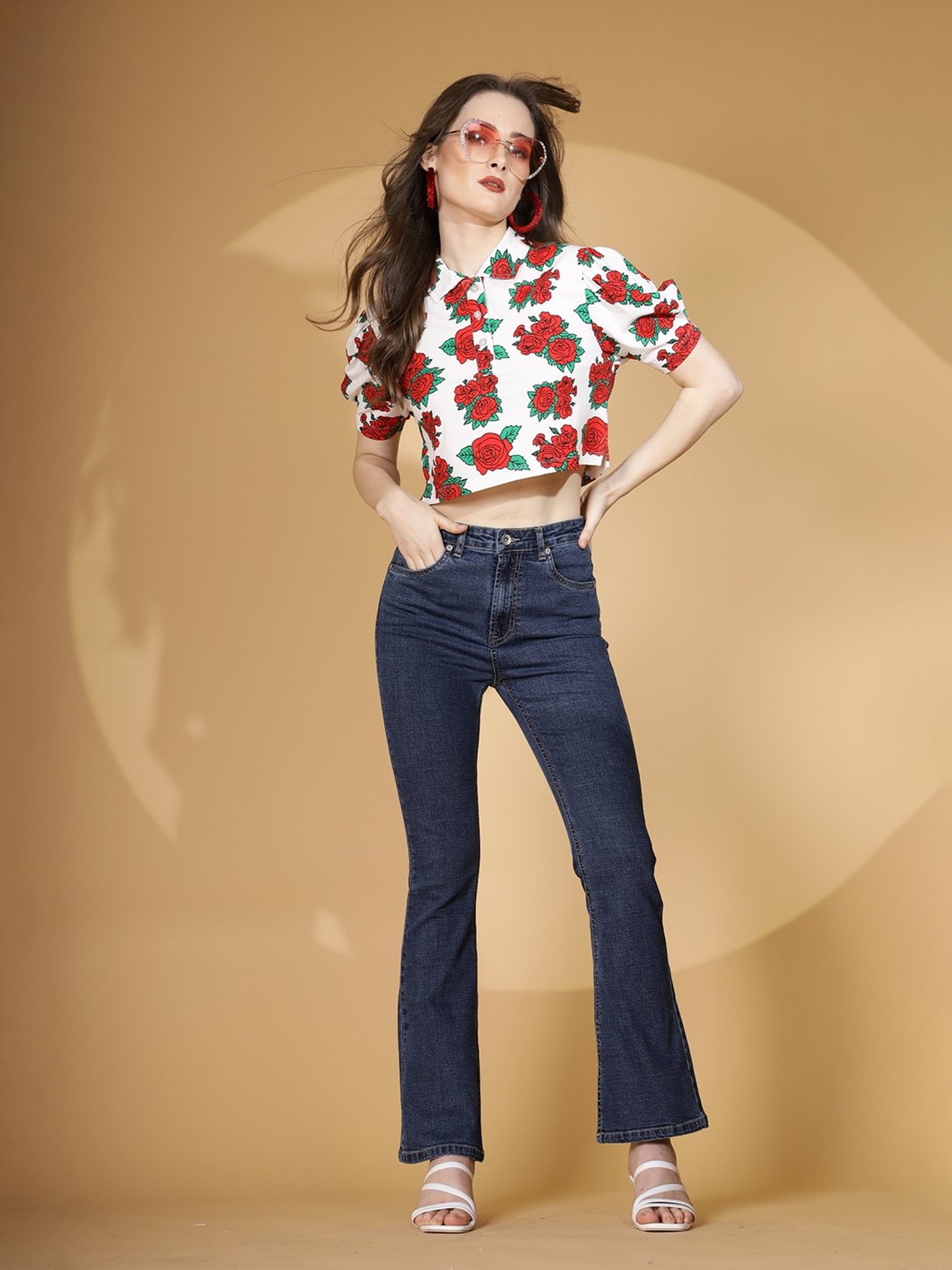 Global Republic White & Red Cotton Floral Print Crop Top