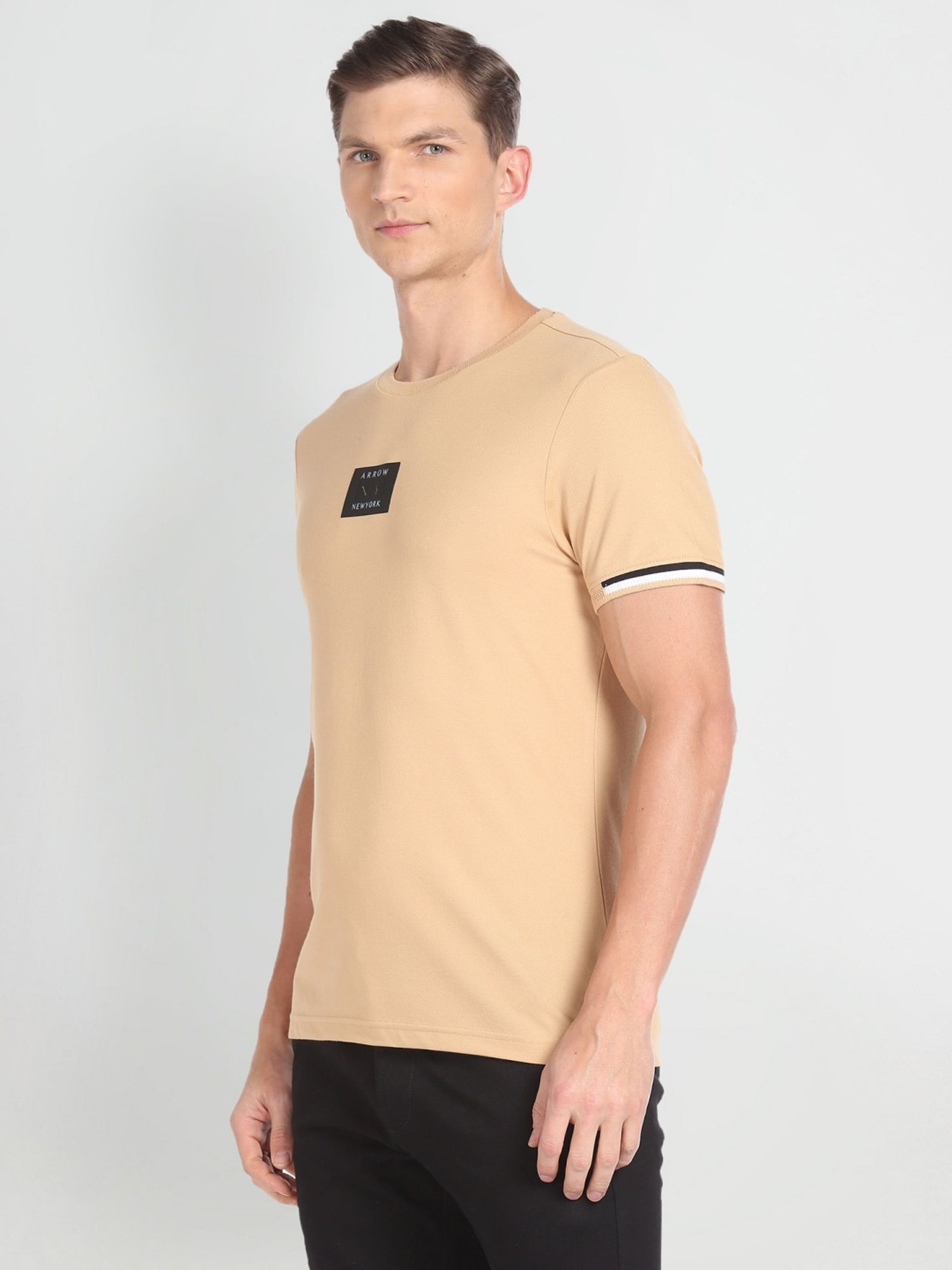 Arrow New York Beige Cotton Regular Fit T-Shirt
