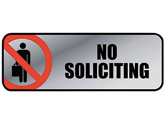 COSCO 098208 Brushed Metal Office Sign, No Soliciting, 9 x 3, Silver/Red