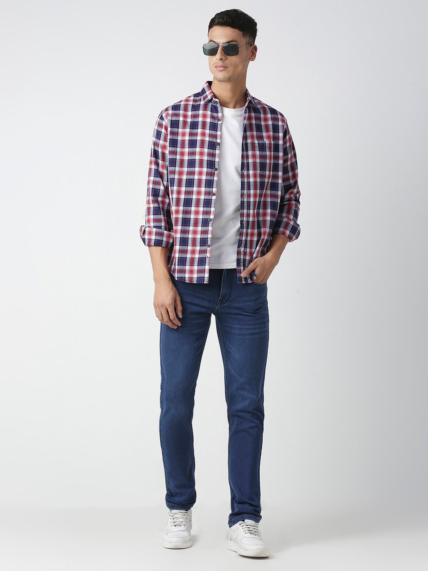 HJ HASASI Blue & Red Slim Fit Check Cotton Shirt
