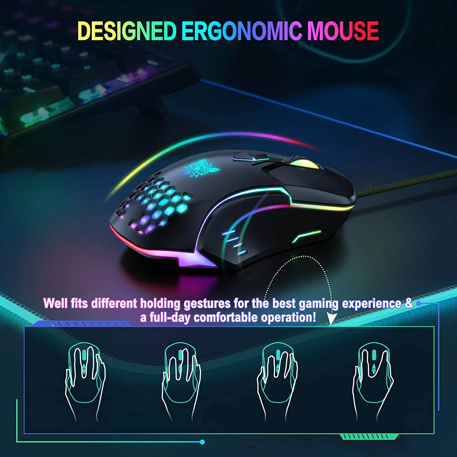 Gaming Mouse Wired, RGB Backlit 6400 DPI Adjustable gaming mouses, Grip Ergonomic Optical PC Computer Gaming Mice ,7 Buttons for Windows 7/8/10/XP Vista Linux (Black)