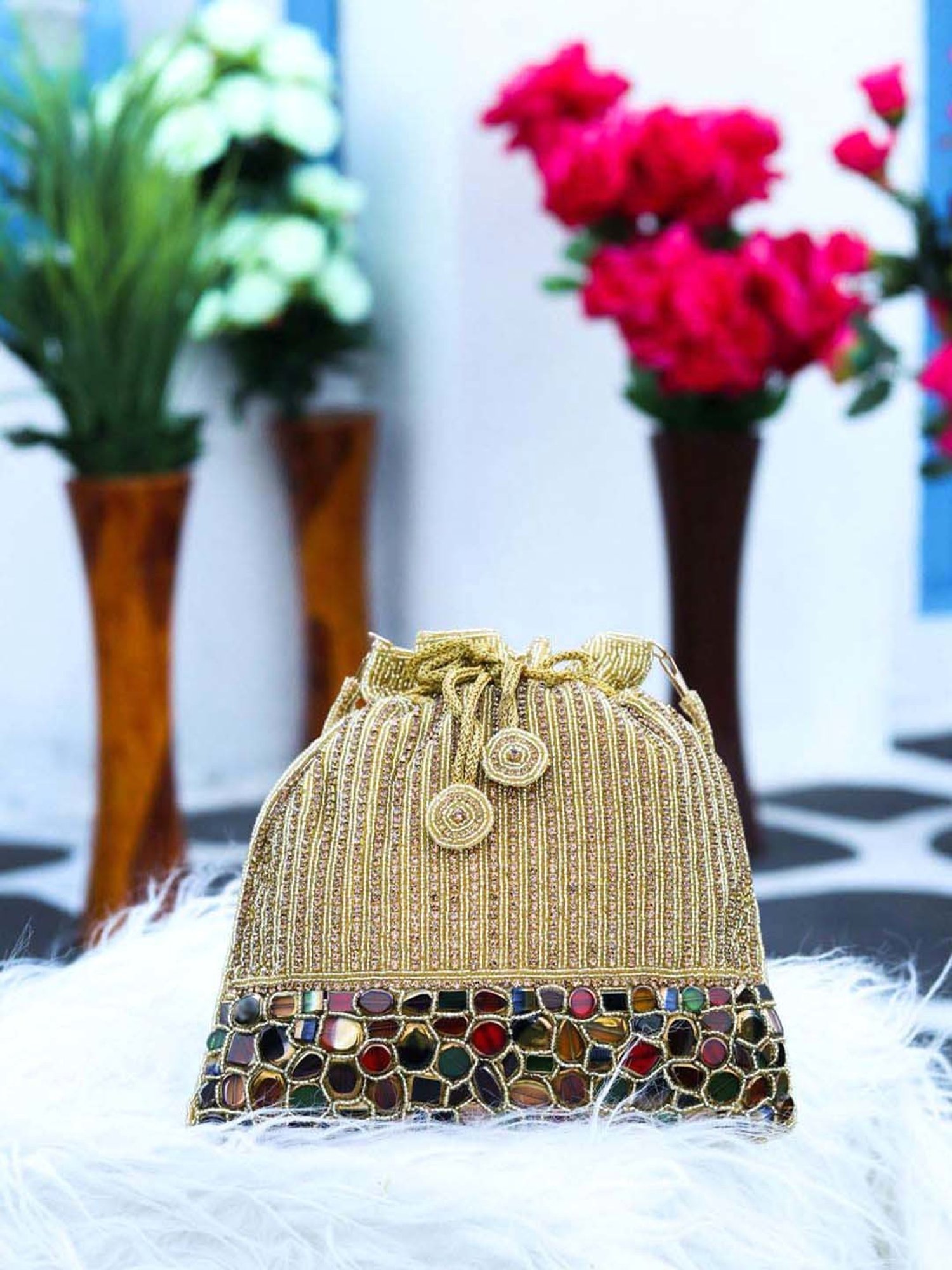 NR by Nidhi Rathi Golden Fabric Potli