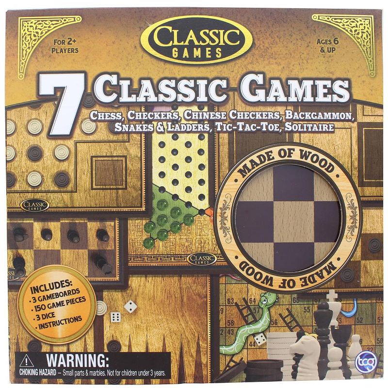 The Canadian Group Classic Games Wood 7 Classic Games Set | 3 Boards & 150 Game Pieces