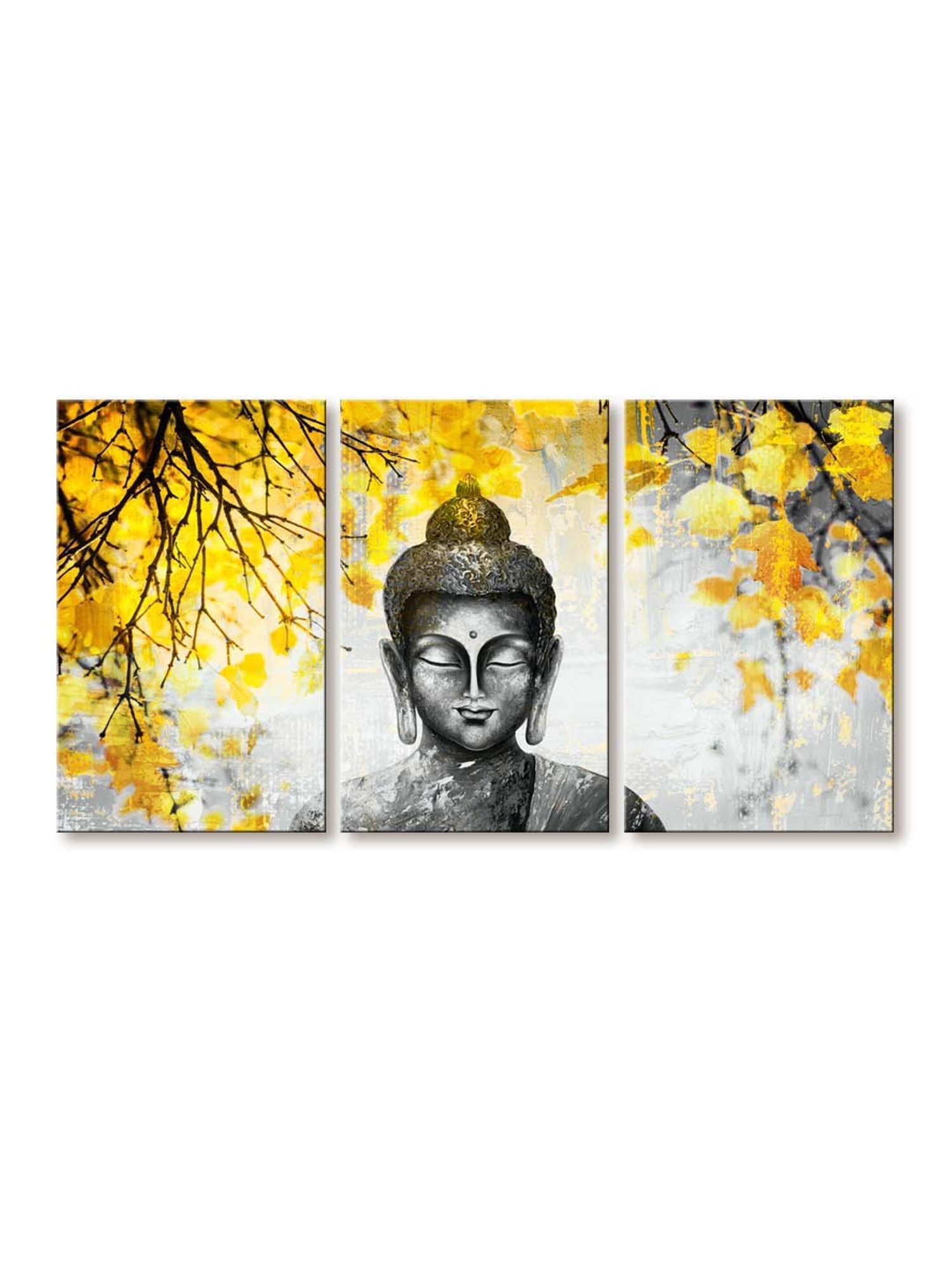 999Store Grey & Yellow Meditating Buddha Art 3 Frame Canvas Paintings