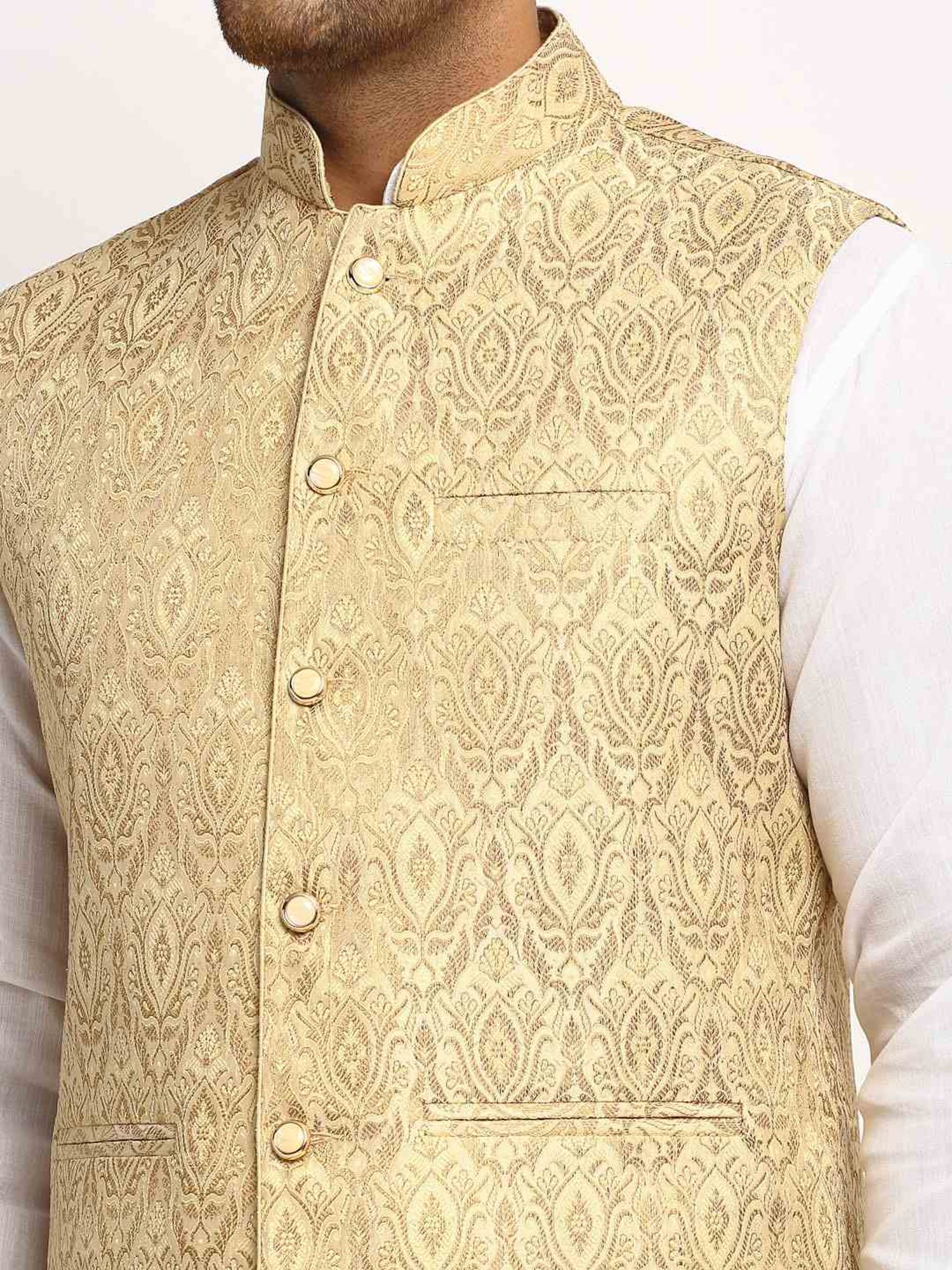 Treemoda Light Golden Regular Fit Self Pattern Nehru Jacket