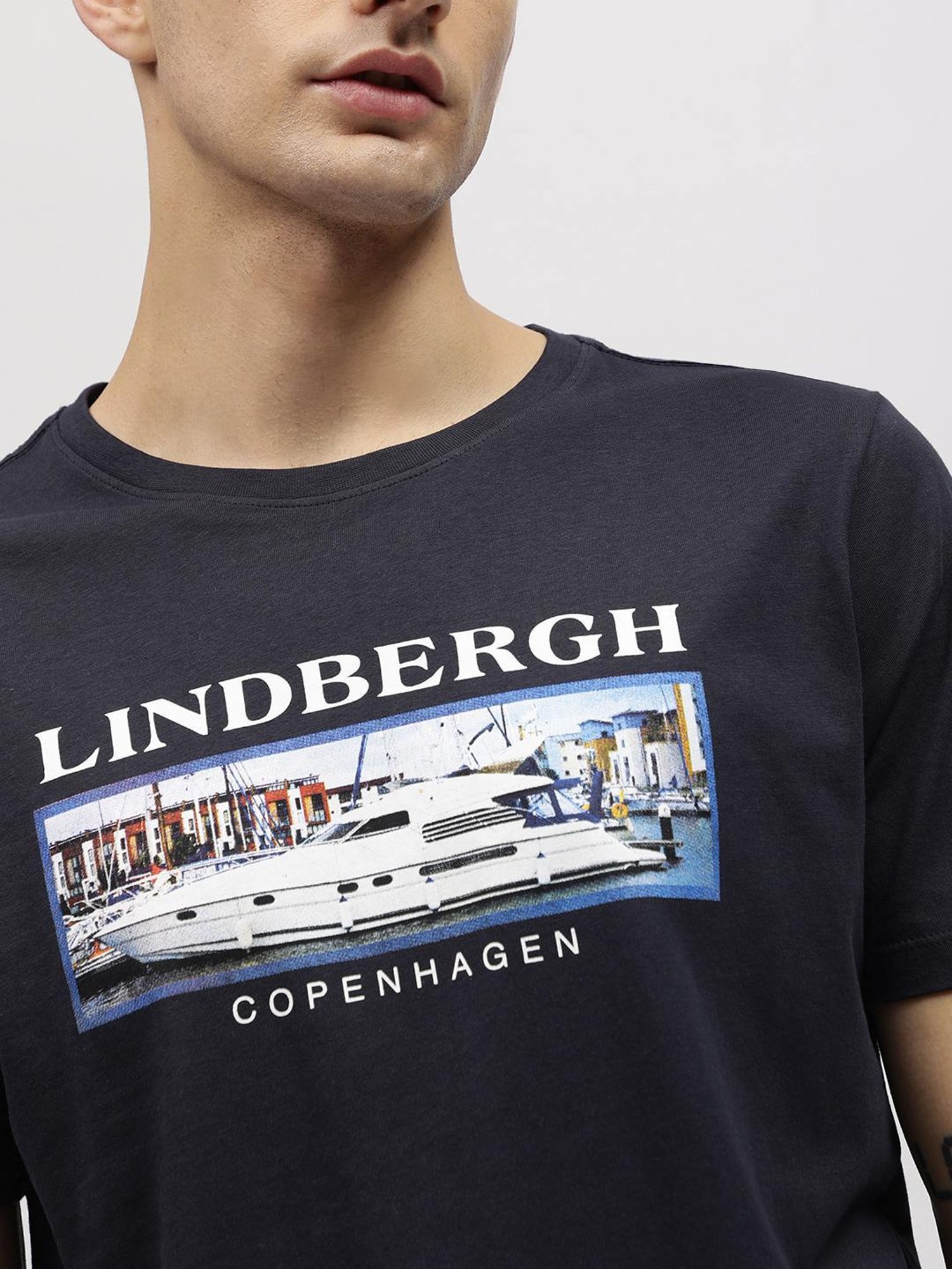 Lindbergh Blue Cotton Regular Fit Printed T-Shirt