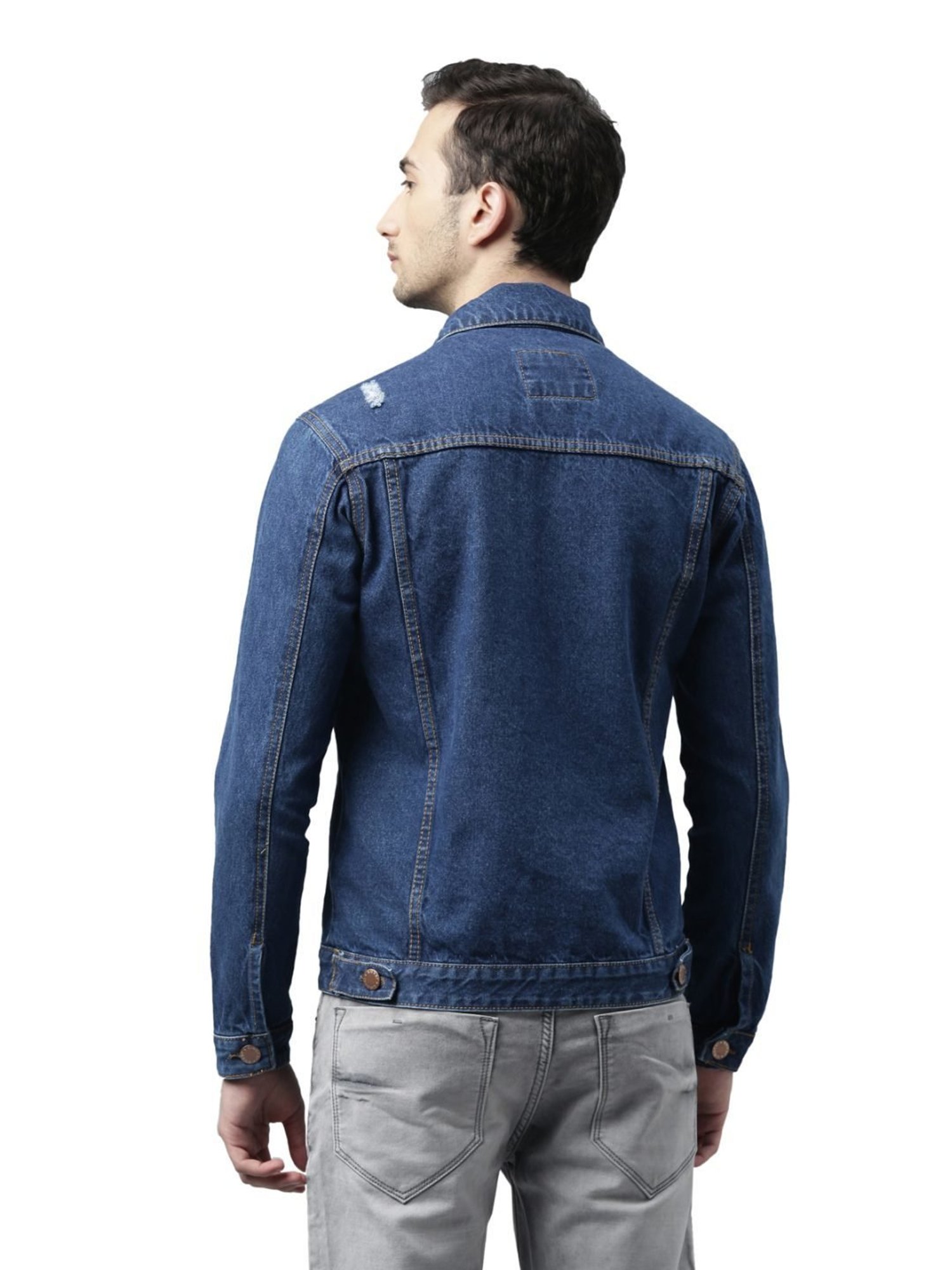 CINOCCI Blue Cotton Slim Fit Distressed Denim Jacket