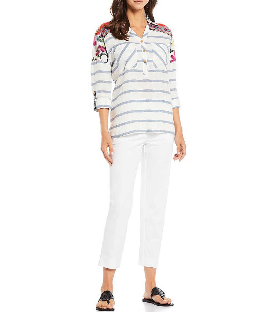 John Mark Stripe and Floral Linen Blend Tunic