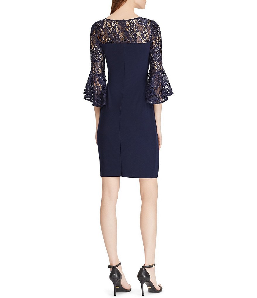 Lauren Ralph Lauren Lace Sequin Bell 3/4 Sleeve Boat Neck Side Ruched Detail Jersey Dress
