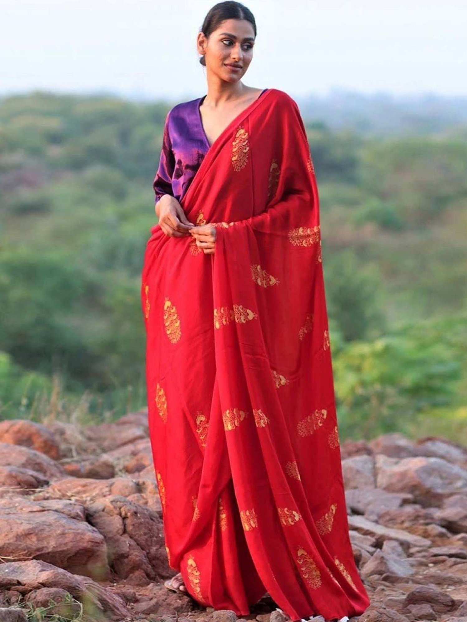 Chidiyaa Red Rang Block Printed Modal Silk Saree