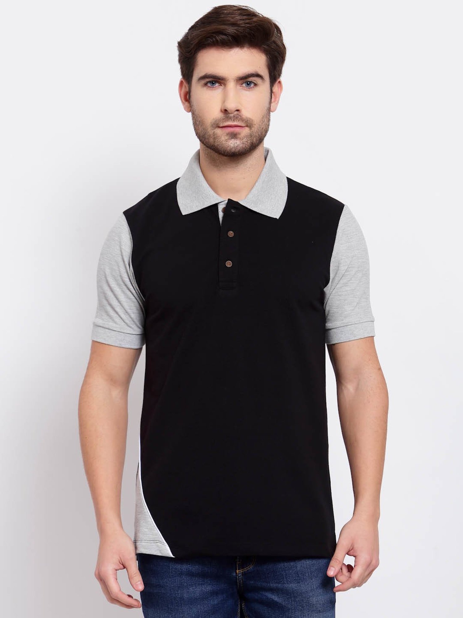 Kalt Black & Light Grey Regular Fit Colour-Block Polo T-Shirt