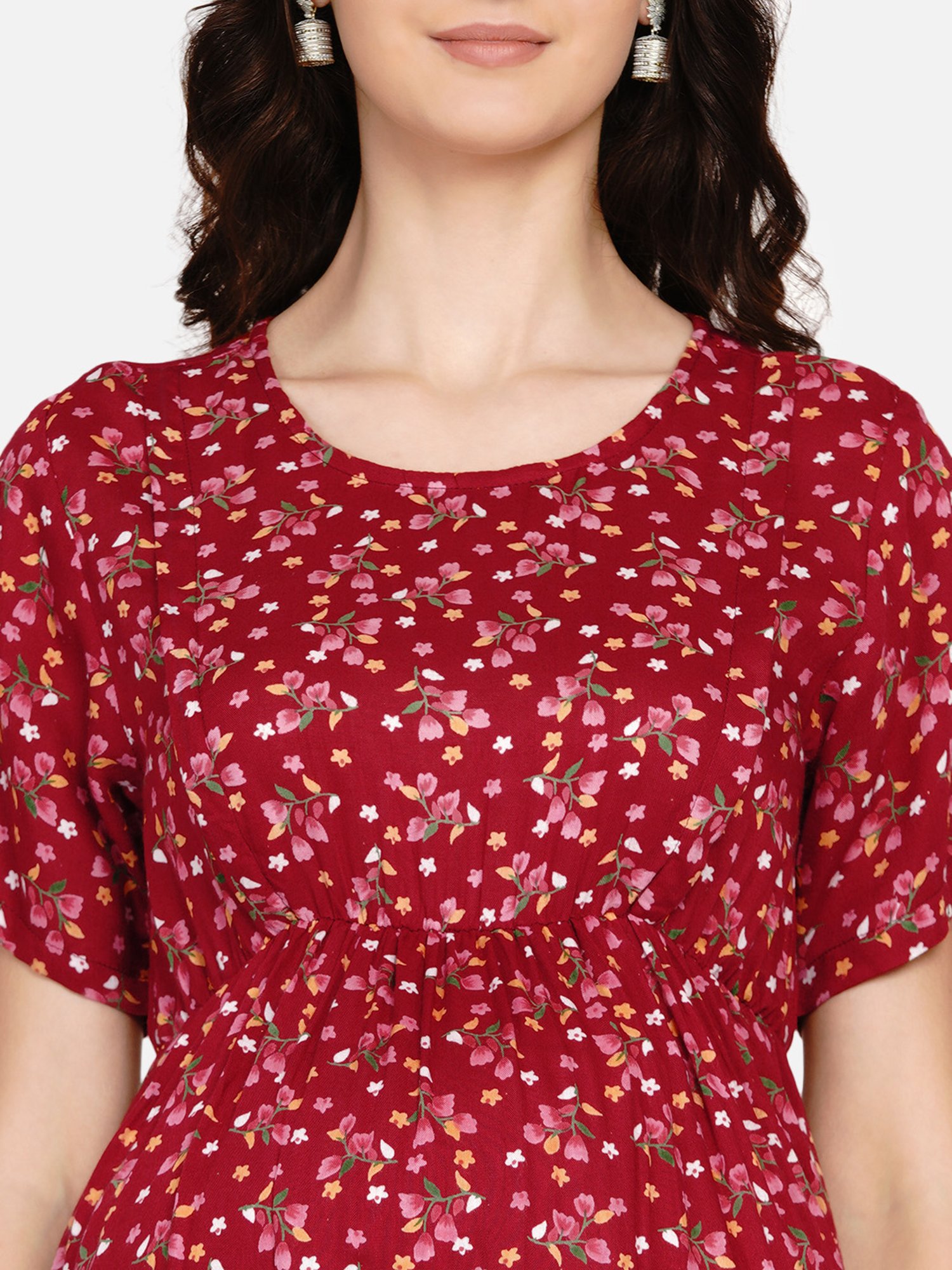 Mine4Nine Maroon Floral Print Maternity Dress