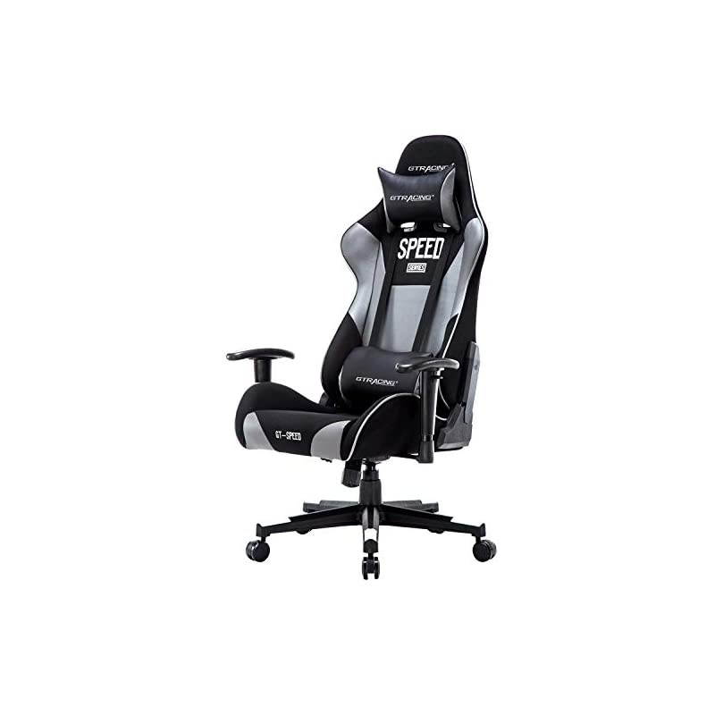Gaming Chair Fabric and Pu Computer Racing Office Chair High Back Backrest and Height Adjustable E-Sports Ergonomic Chair with Pillows Gray