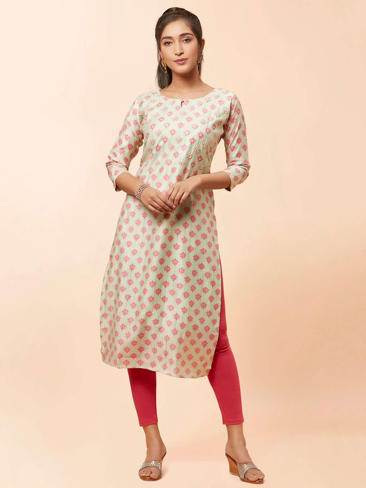 URBAN MYSTIC Light Green Embroidered A Line Kurta