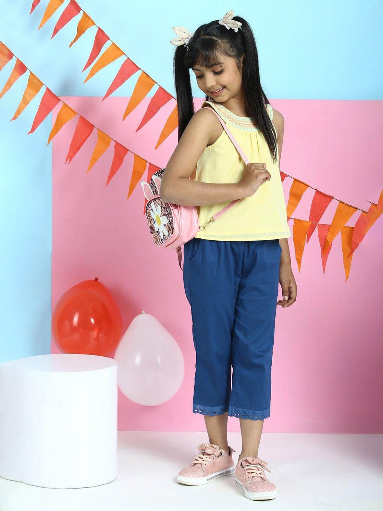 BIBA Girls Yellow Embroidered Top