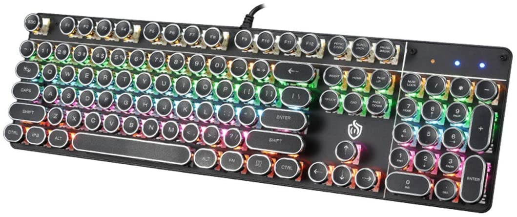 USB LED Backlit Retro Typewriter Mechanical Keyboard -Blue Switch - Round Keycaps -104 Keys Vintage Inspired Steampunk Gaming Keyboard Mechanical Gaming Keyboard for PC/Mac/Gamer/Typ