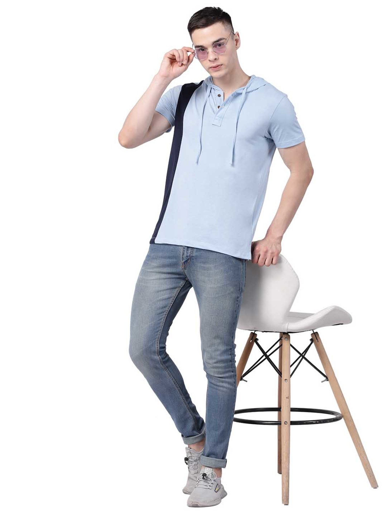 Kalt Sky Blue Regular Fit Hooded T-Shirt