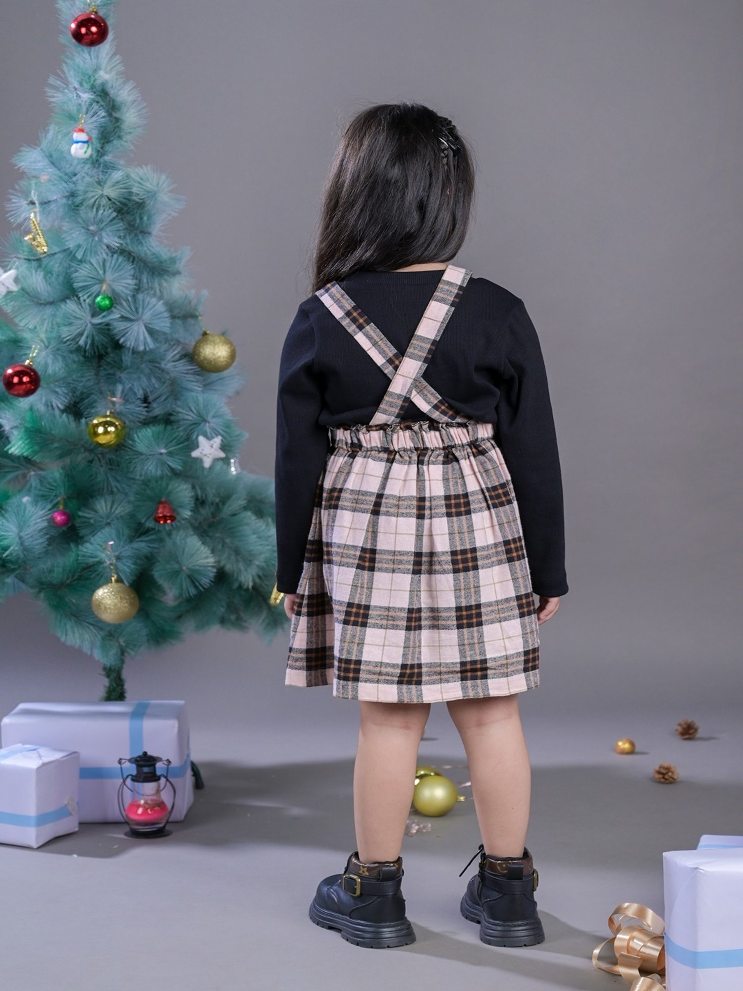 Budding Bees Kids Grey & Black Checks Full Sleeves Top with Dress