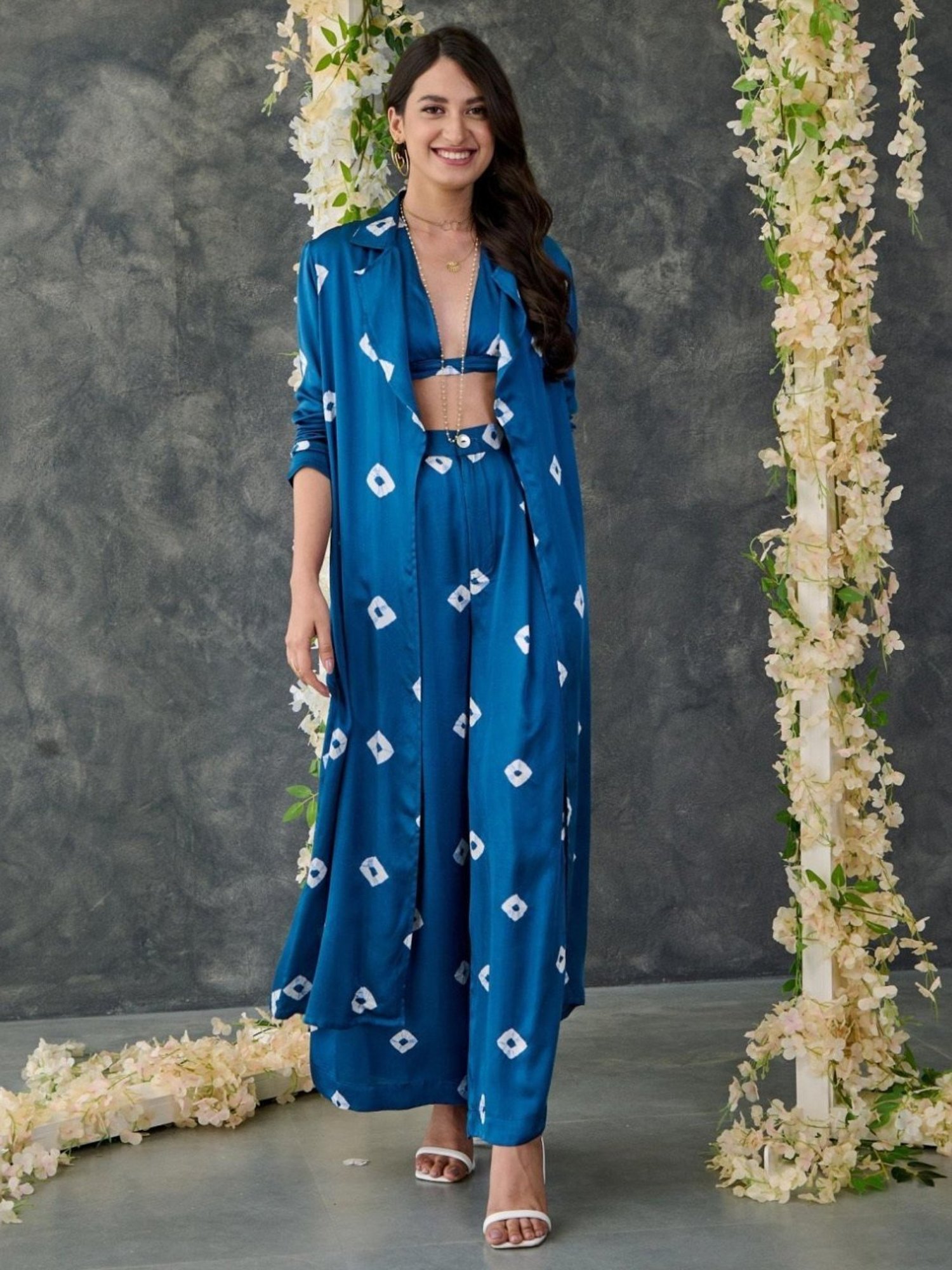 Gulaal Indigo Bandhani Modal Satin Shrug with Pant