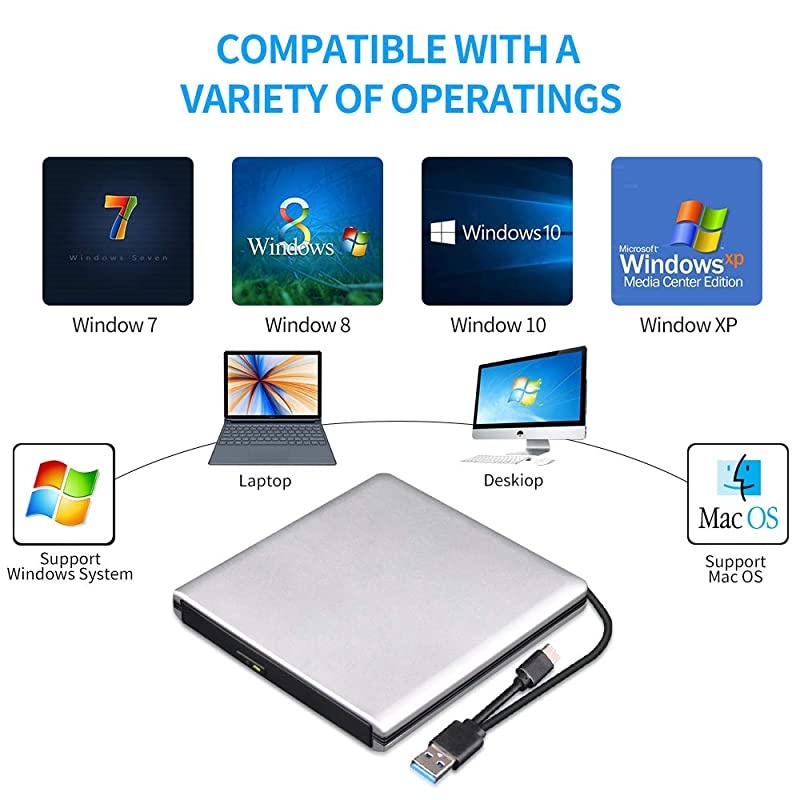 Blu Ray DVD Drive 3D USB 30 and TypeC Bluray CD DVD Reader Slim Optical Portable Bluray Drive for MacBook OS Windows xp7810 Linux Laptop PC SilverGrey