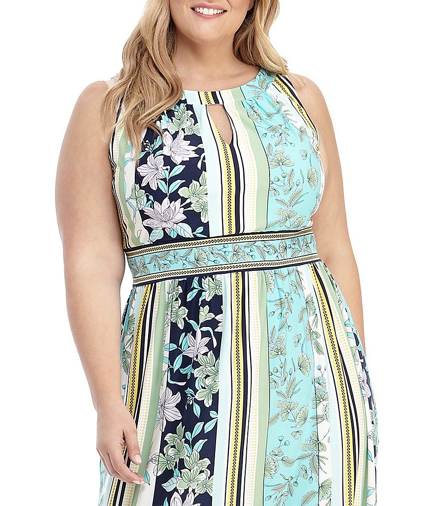London Times Plus Size Floral Printed Matte Jersey Halter Keyhole Neck Maxi Dress
