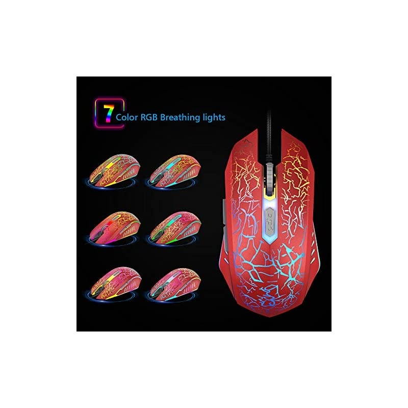 RGB Gaming Mouse Ergonomic USB Wired Optical Mouse Mice with 7 Colors LED Backlight 4 DPI Settings Up to 3600 DPI 6 Programmed Buttons for Laptop PC Computer Games amp Work Red
