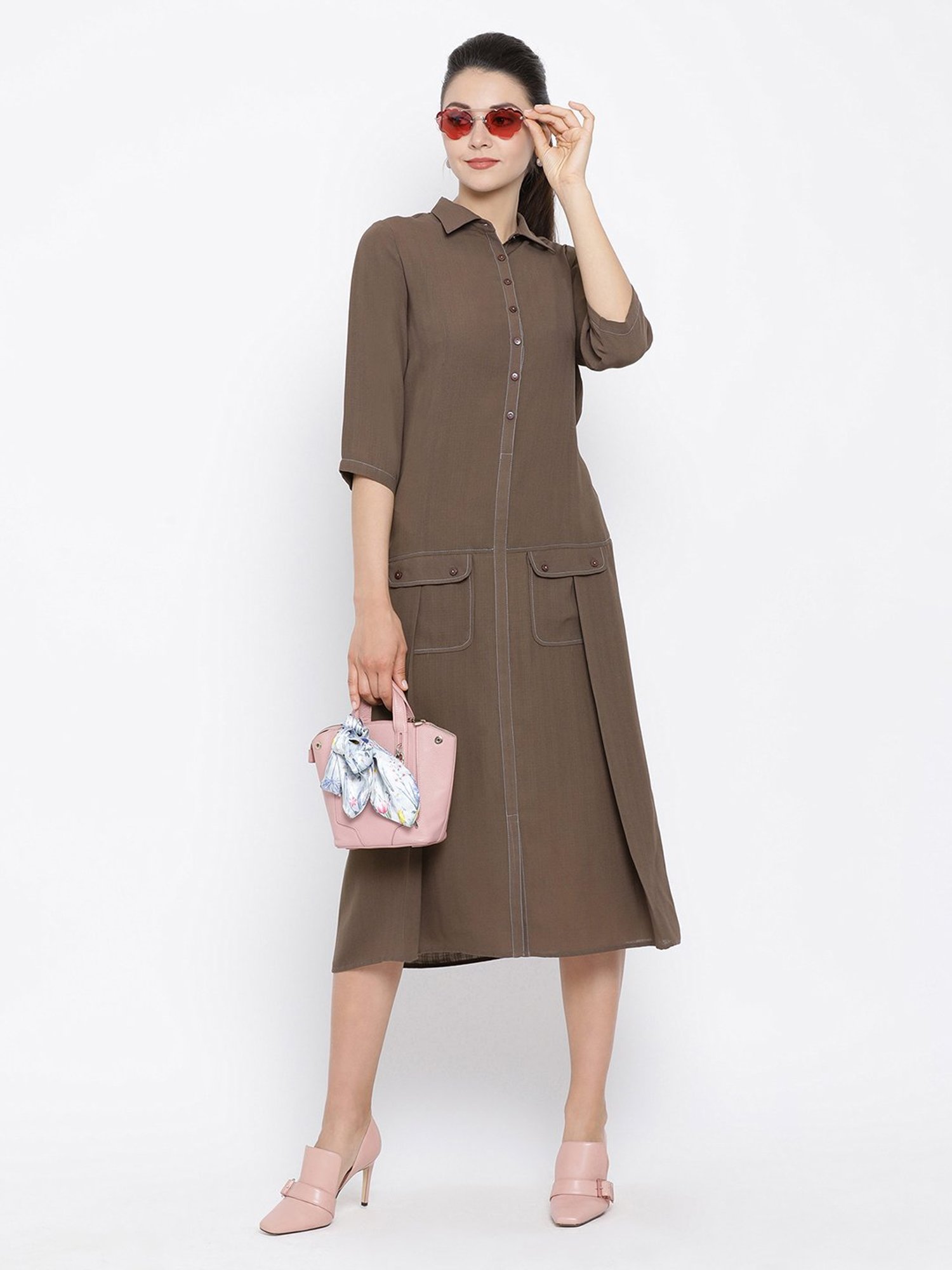Office & You Dark Brown Below Knee Dress