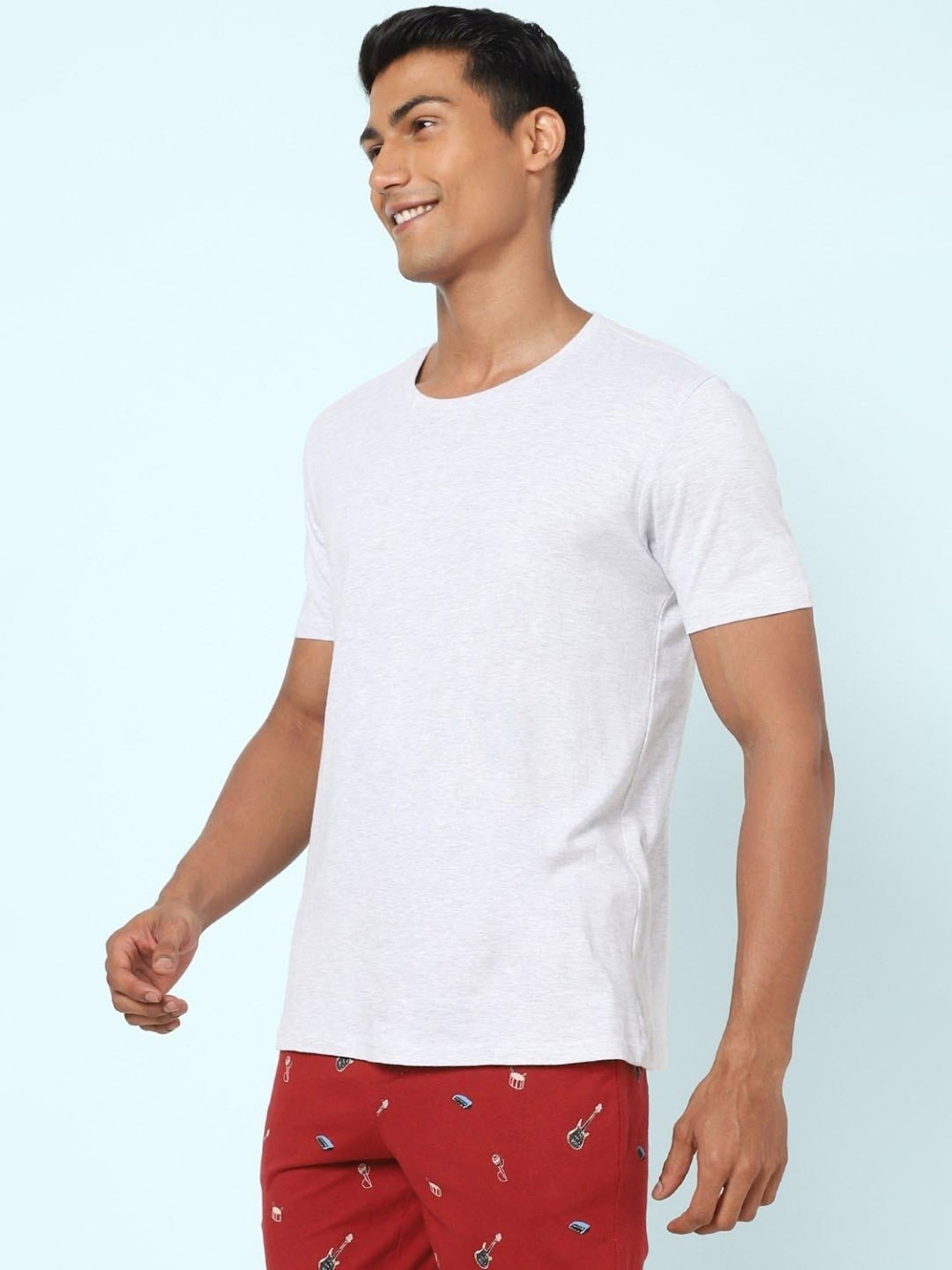 Ajile by Pantaloons Ecru Melange Cotton Slim Fit Lounge T-Shirt