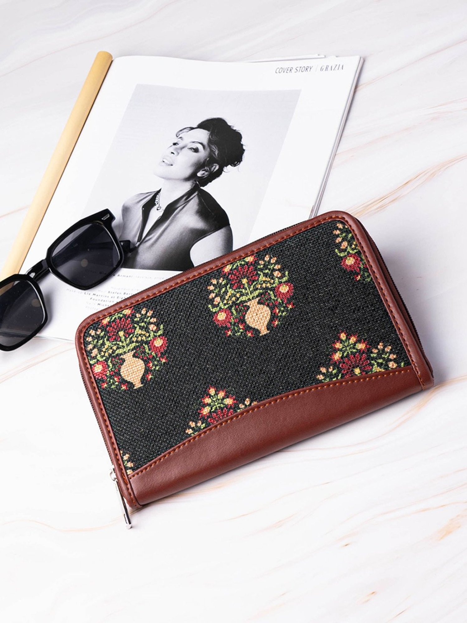 ZOUK Royal Mogra Green Printed Zip Around Wallet for Women