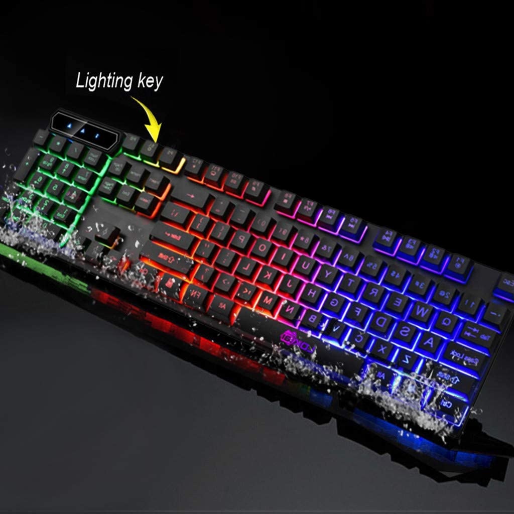 Keyboard US Stock- Gaming Keyboard Waterproof Colorful Crack LED Illuminated Backlit USB Wired PC Rainbow 104 Keys for Windows PC Gamer (Black)