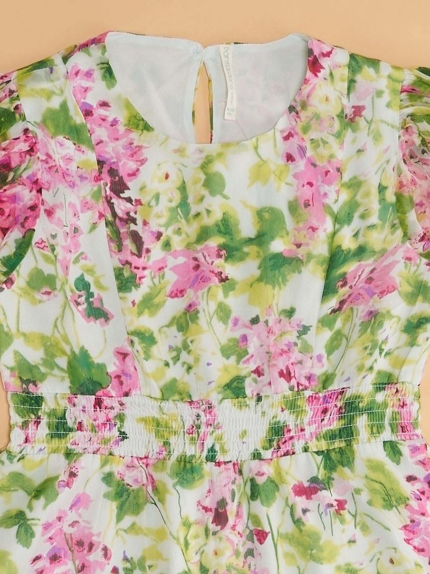 Pantaloons Junior Green & Pink Cotton Floral Print Dress