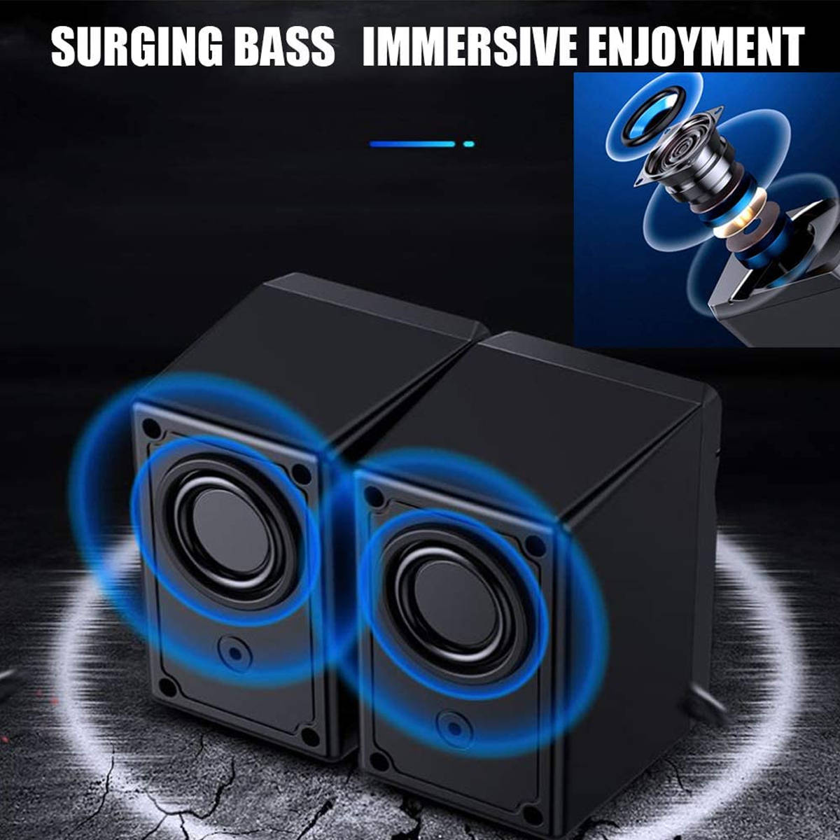 Computer Speakers, Blue LED Speaker with Sharp Eye USB Powered 3.5mm Stereo Audio for PC, MP3 Player, Laptops, Smartphone, Black, SK10