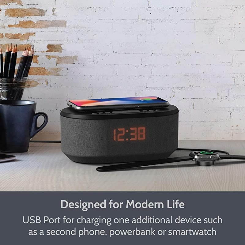 Radio Alarm Clock with USB Charger, Bluetooth Speaker, QI Wireless Charging, Dual Alarm Dimmable LED Display