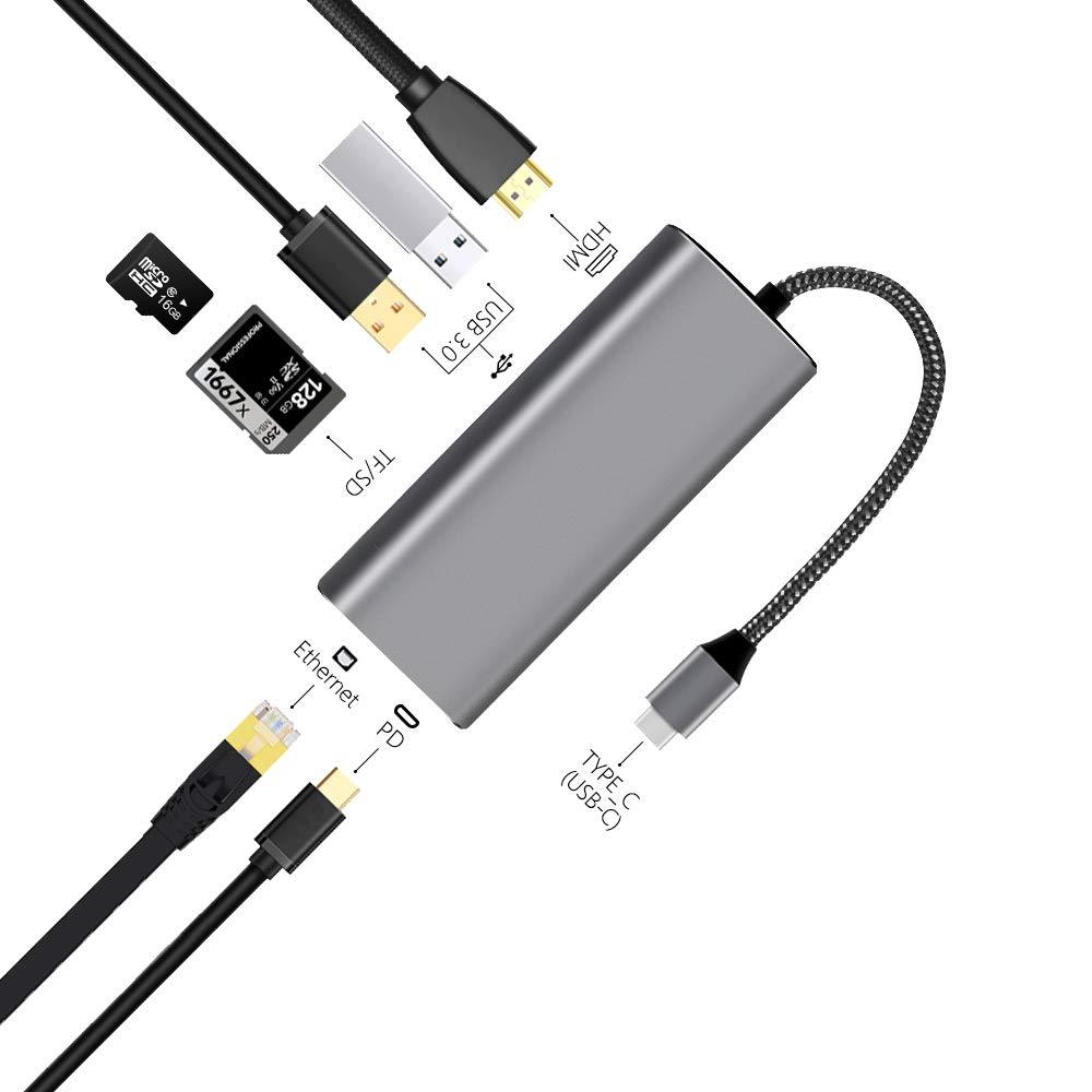 USB C Hub,7 in 1 Integrated Type C Hub Adapter with PD Power Delivery, 1 Gbps Ethernet Port,4k USB C to HDMI,2 USB 3.0 Ports, SD/TF Card Reader, Portable for MacBook and Other Type C Laptop, Kuled