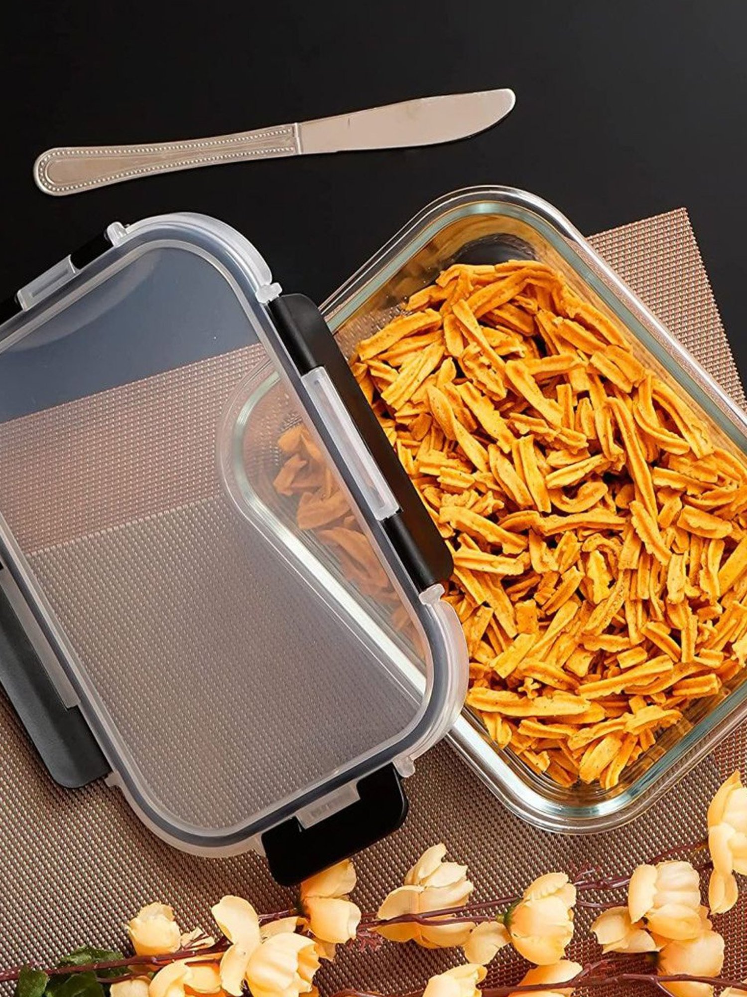 Femora Transparent & Black Borosilicate Rectangle Container With Lid - Set of 1