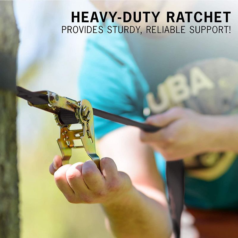 Sunny & Fun 50 Ft. Ninja Slackline Monkey Bar & Climbing Rope &ndash; Kids Gym Swinging Obstacle Course Set - Warrior Training, Fists, Cargo Net, Spinning Wheel, Gymnastics & Freestyle Rings - Bag & Tree Protectors