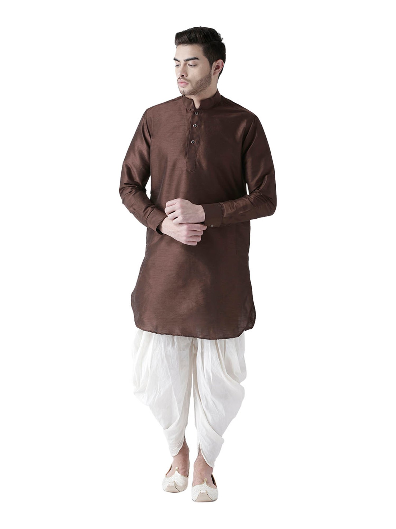 Deyann Dark Brown & White Mandarin Collar Silk Kurta Set