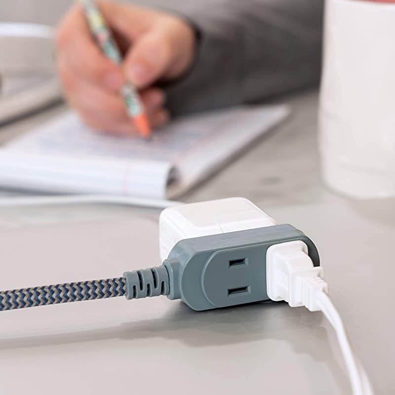 43434T1 NavyGray Designer 3 Extension 2 Prong Power Strip Extra Long 15 Ft Cable with Flat Plug Braided Chevron Fabric Cord SlidetoClose Safety Outlets 43434