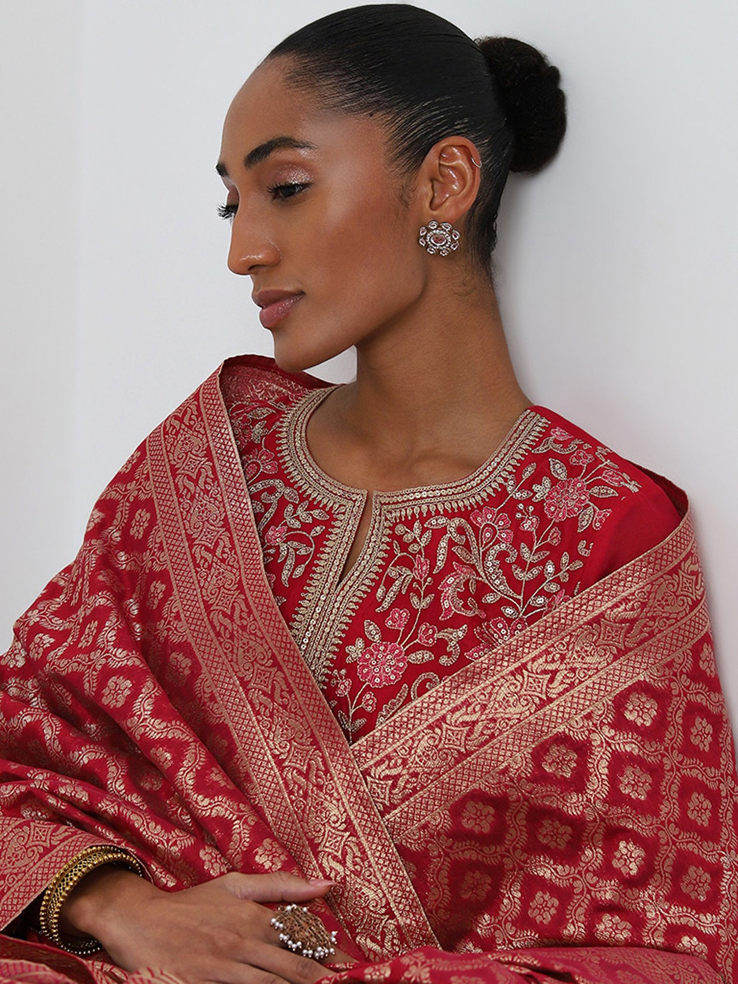 Vark by Westside Magenta Embroidered Kurta, Skirt and Dupatta Set