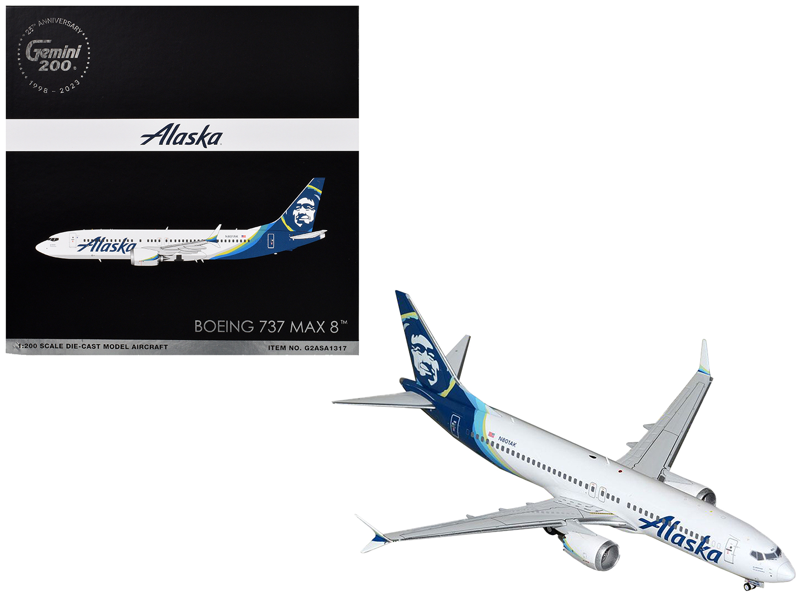 Boeing 737 MAX 8 Commercial Aircraft "Alaska Airlines" (N801AK) White with Blue Tail "Gemini 200" Series 1/200 Diecast Model Airplane by GeminiJets