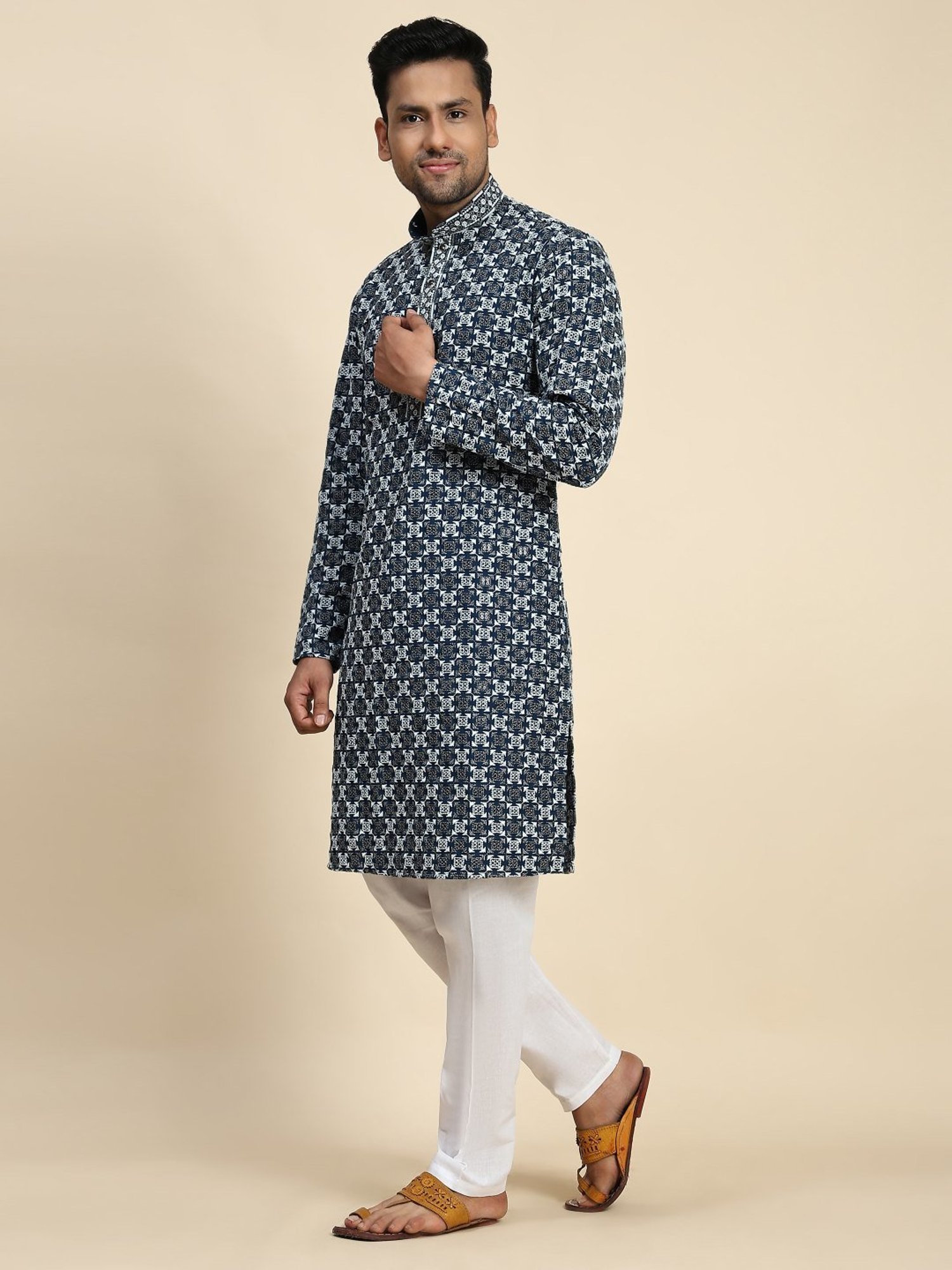 Pro-Ethic Style Developer Blue & White Cotton Regular Fit Embellished Kurta Bottom Set