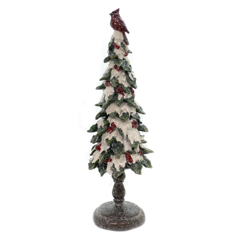 Christmas 18.25" Snow Tree W/Red Cardinal Top Glittered Berries  -  Decorative Figurines