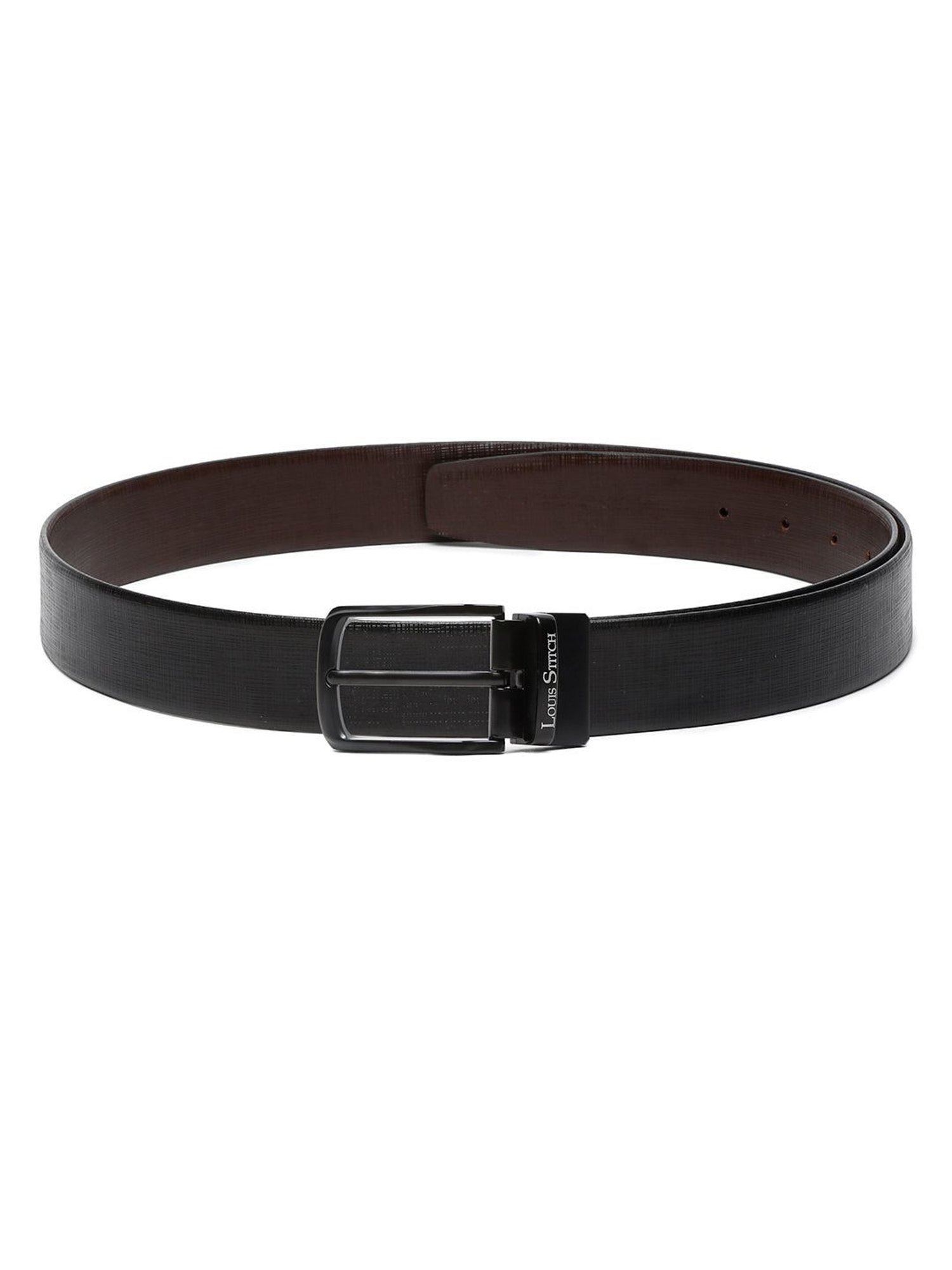 Louis Stitch Black Textured Leather Reversible Belt for Men