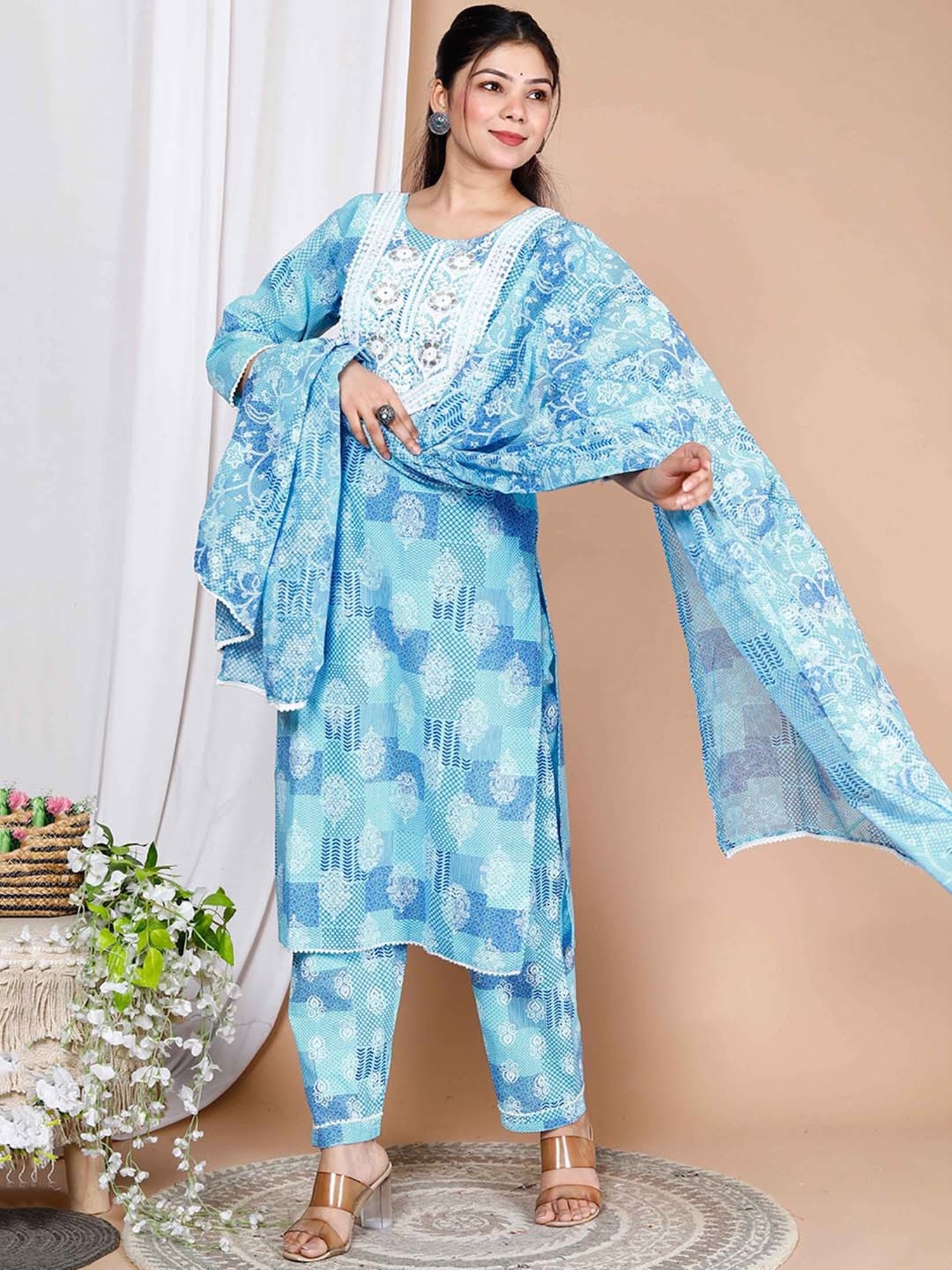 Miravan Blue Printed Kurta With Palazzo & Dupatta