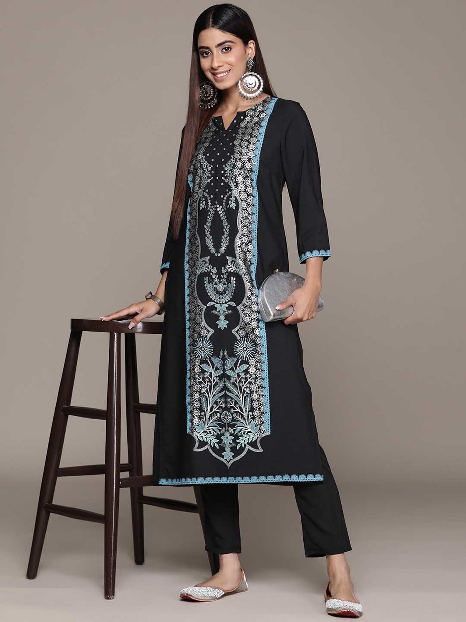 Ziyaa Black Printed Kurta Pant Set