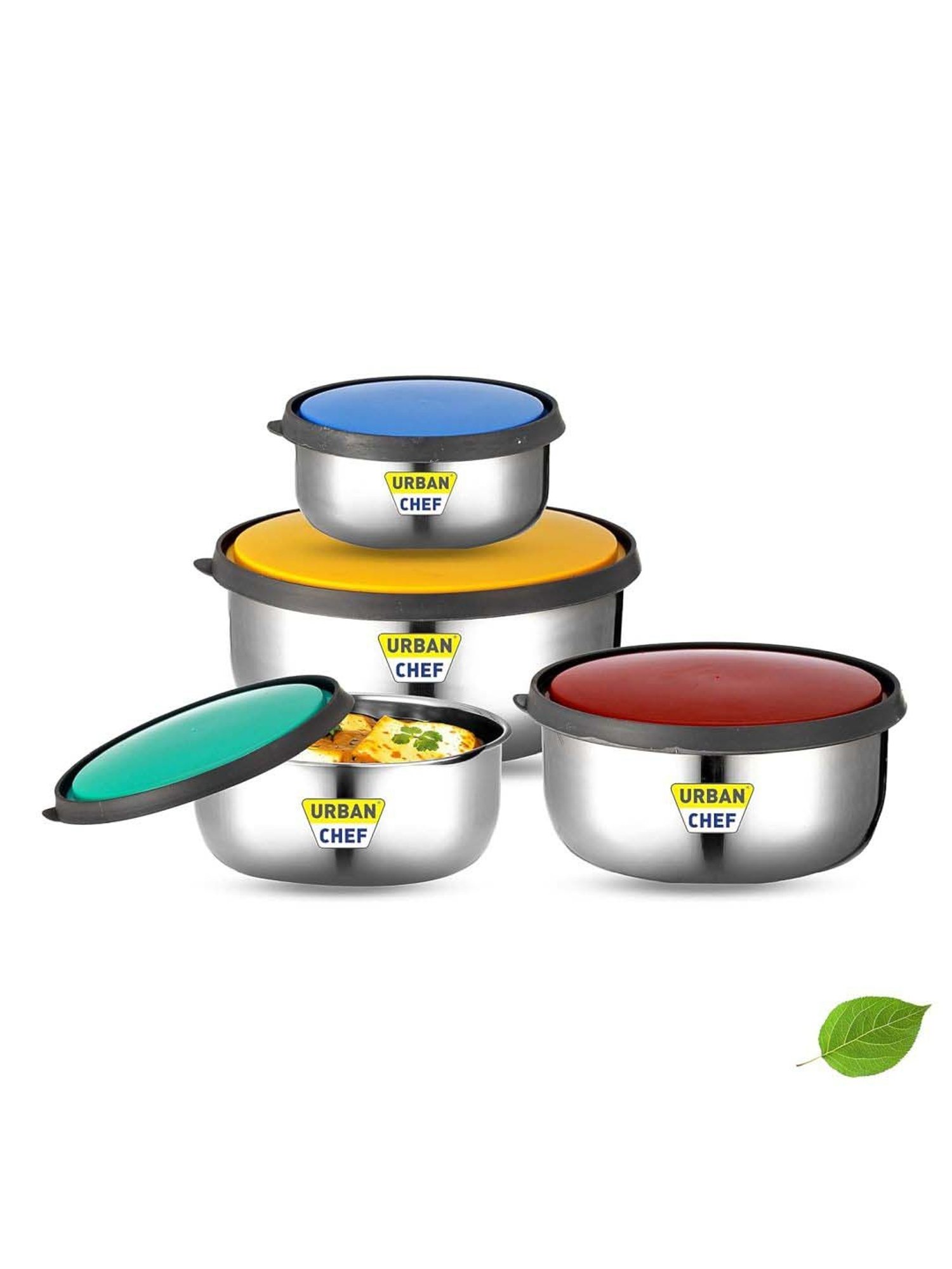 Urban Chef Multicolor Stainless Steel Fresca Push & Lock Bowl Storage Set With Lid - Set of 4